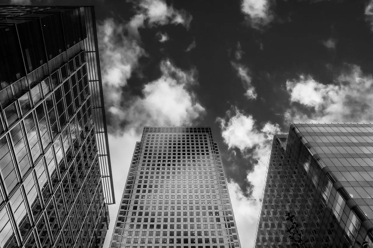 skyscrapers, modern, business, nature, glass, clouds, office, city, architecture, london, black and white