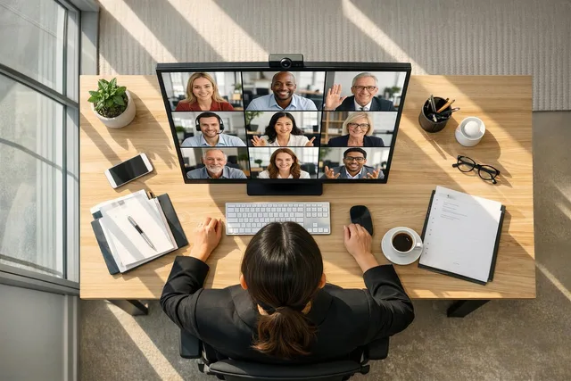 video conference, home office, desk, computer monitor, video call, employee, office work, laptop, coffee cup, potted plant, telephone, internet connection, technology, communication, business, remote work, office equipment, workspace, office environment, meeting, online service. How do you run digital PR operations that survive client scrutiny?